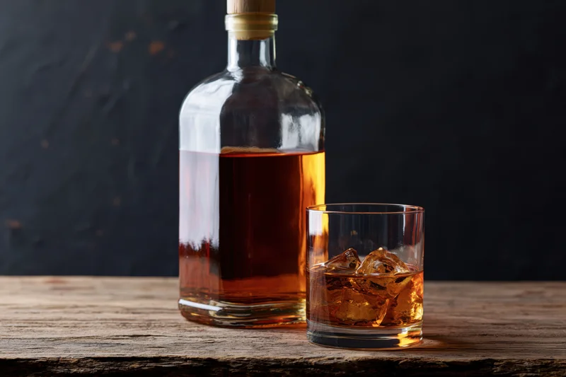 Whiskey bottle and glass with ice on a wooden table
