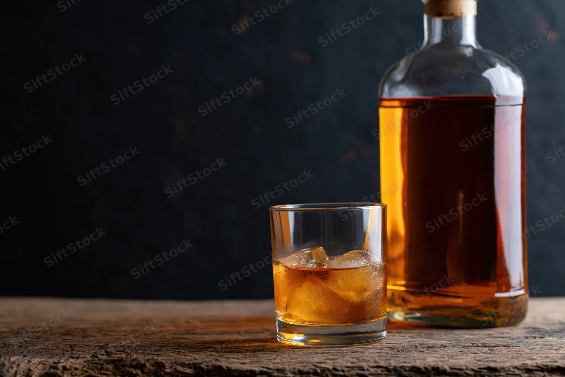 Whiskey bottle and old-fashioned glass with ice on a wooden table