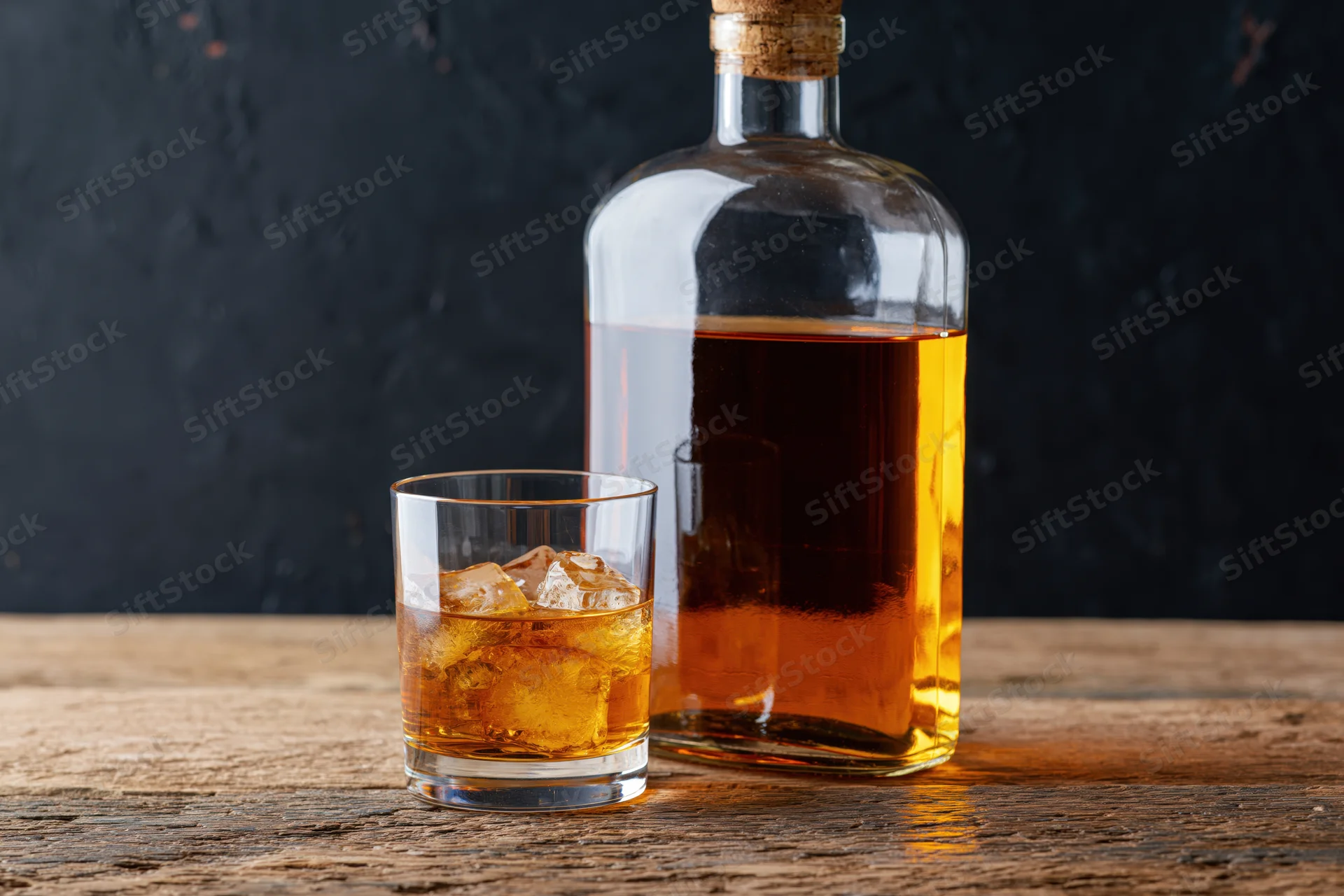Whiskey bottle and old-fashioned glass with ice on wooden table