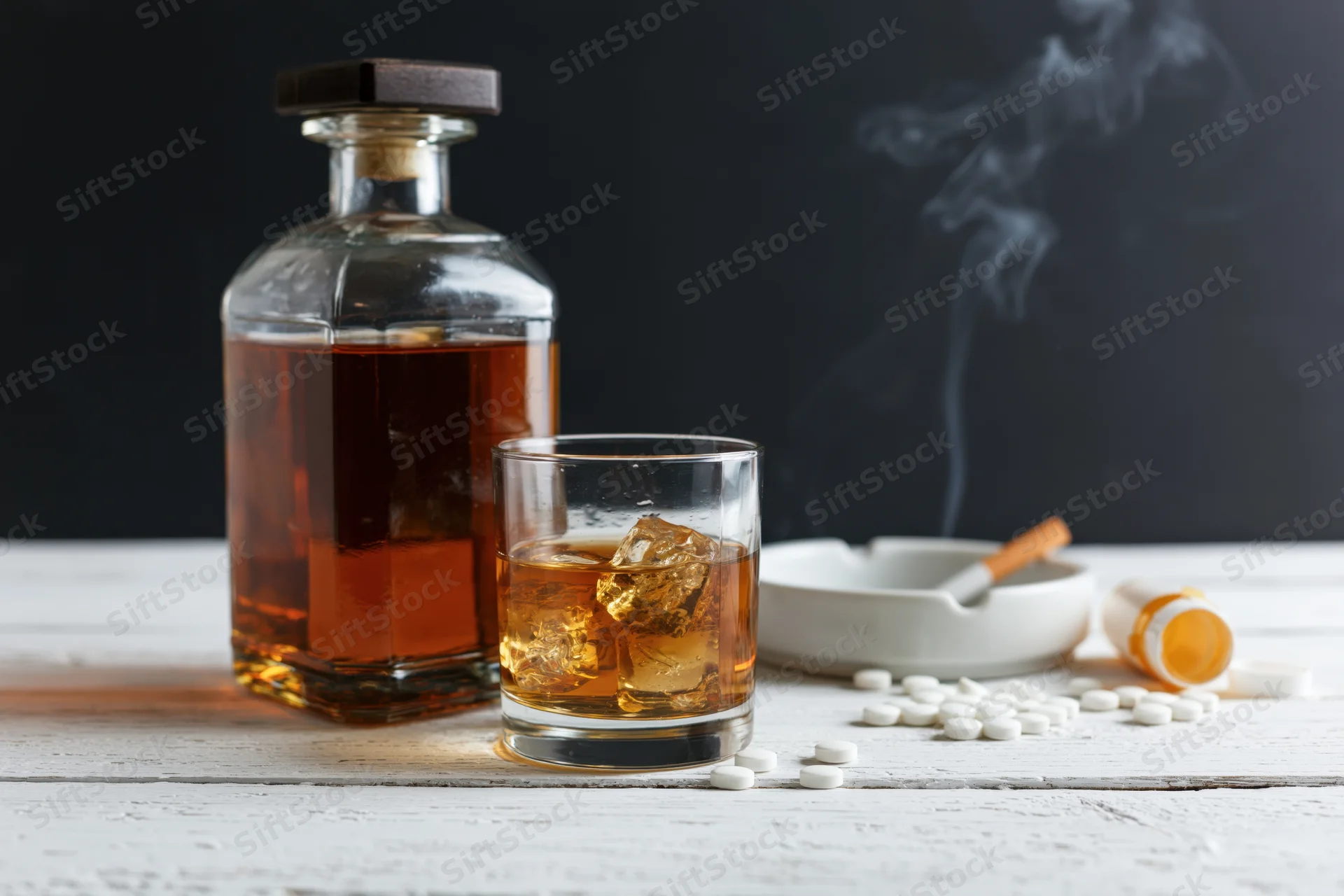 Whiskey bottle and glass with ice on a white wooden table beside an ashtray with smoke and scattered pills