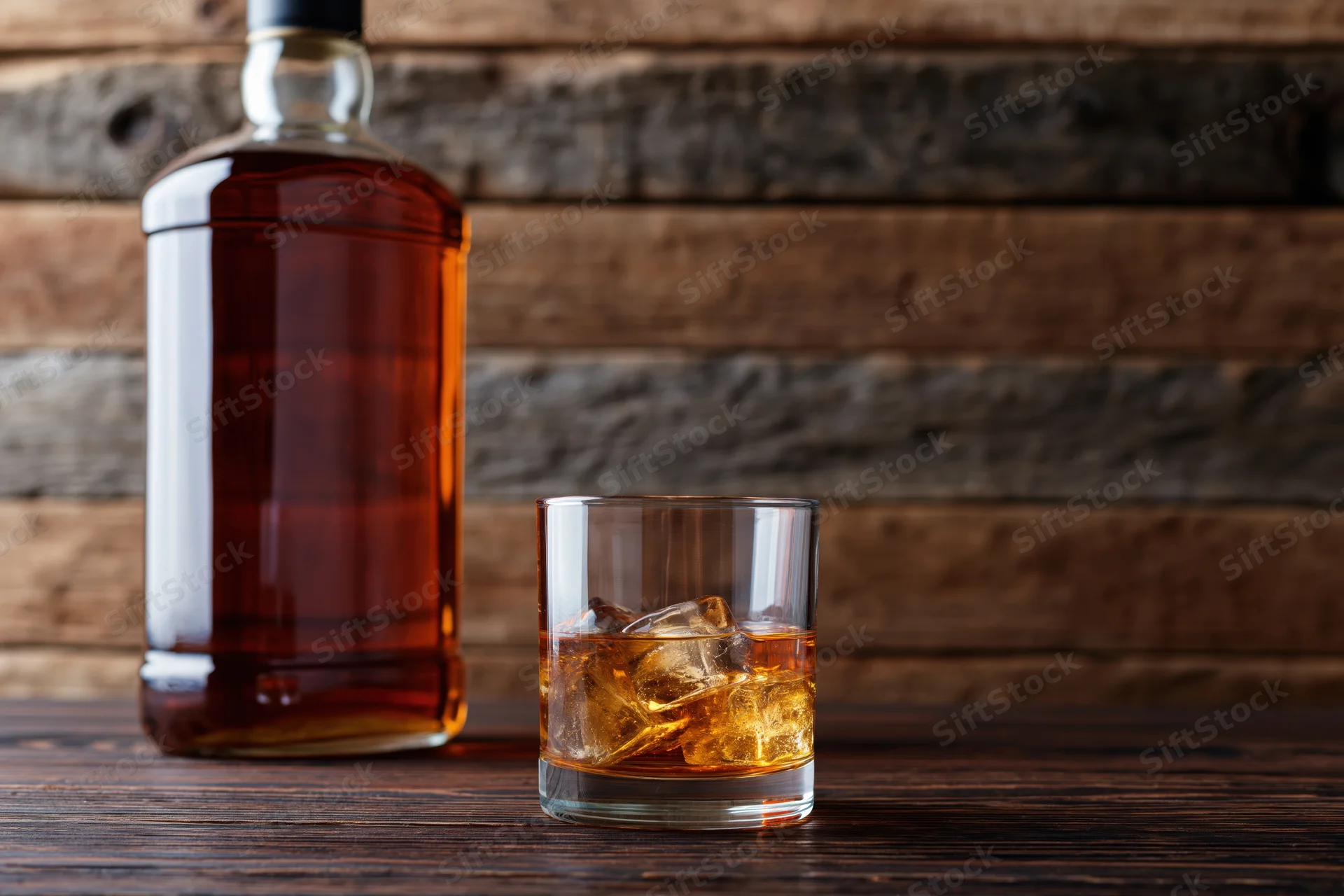 Whiskey bottle and rocks glass with ice on a wooden table