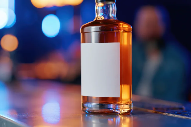 Whiskey bottle with blank label on bar counter at night