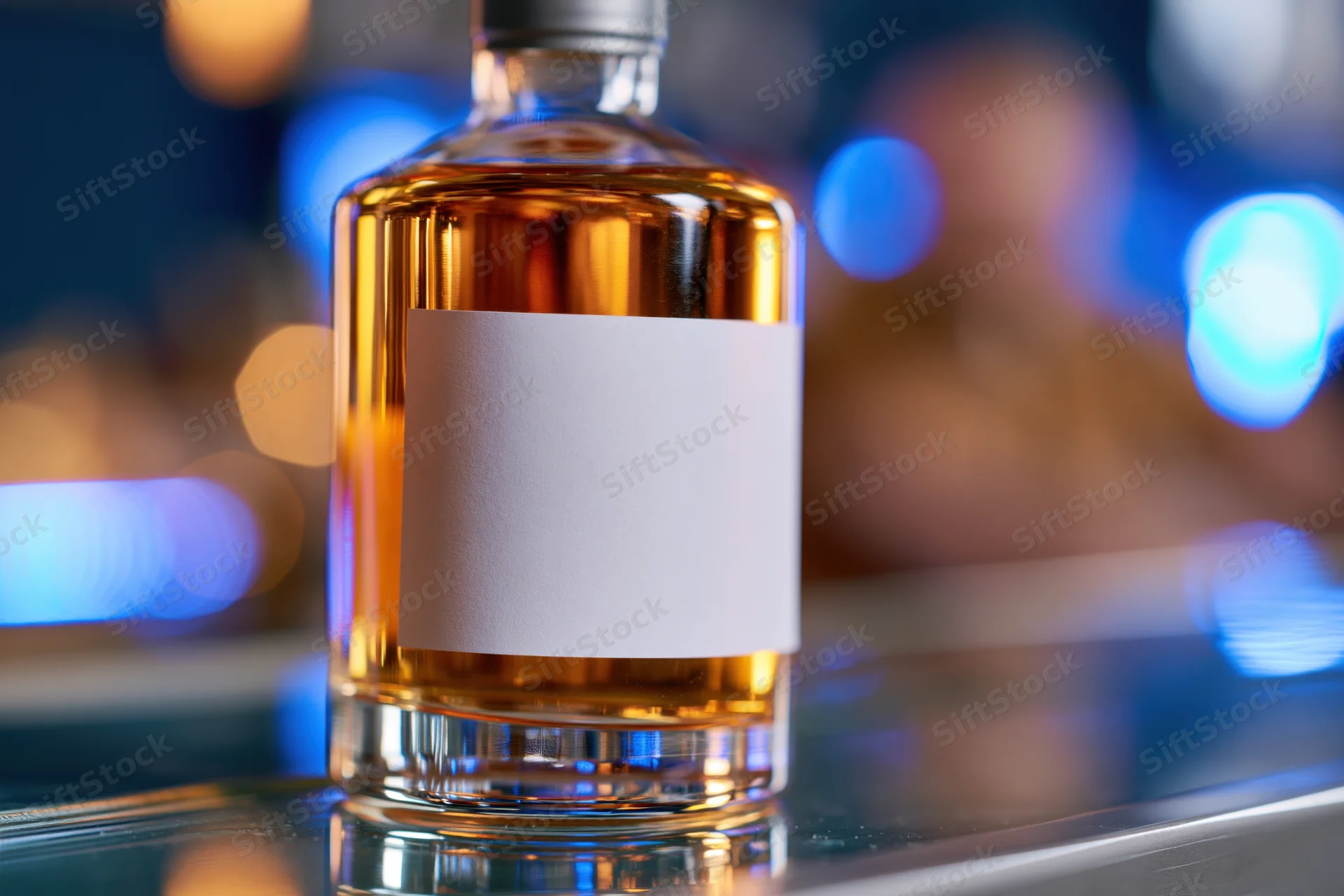 Whiskey bottle with blank label on reflective bar surface at night