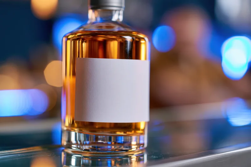 Whiskey bottle with blank label on reflective bar surface at night