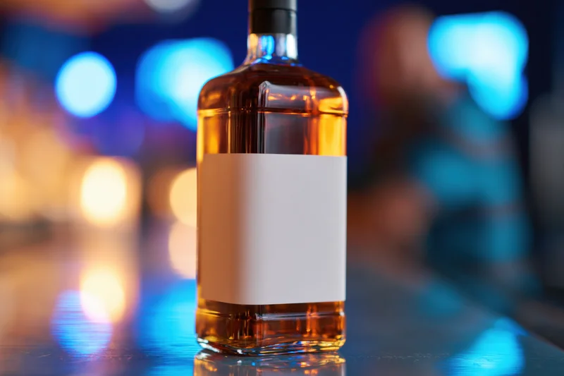 Whiskey bottle with blank label on reflective bar surface under colorful bokeh lighting