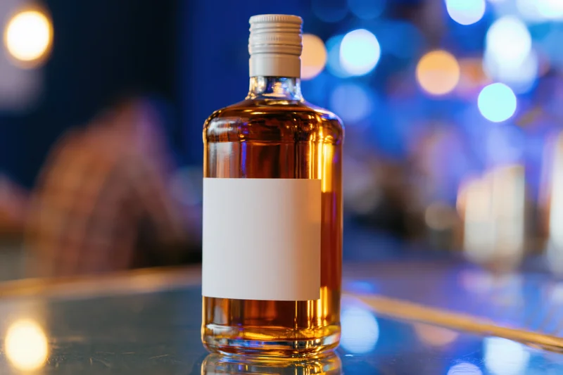 Whiskey bottle with blank label on reflective bar counter under ambient blue lighting