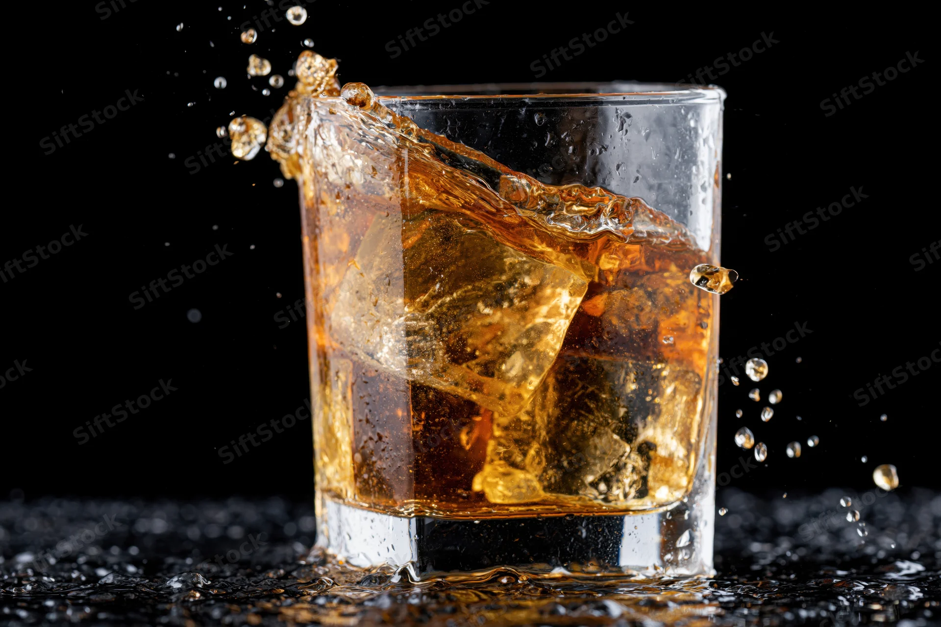 Whiskey splashing from a rocks glass with ice cubes on a black reflective surface