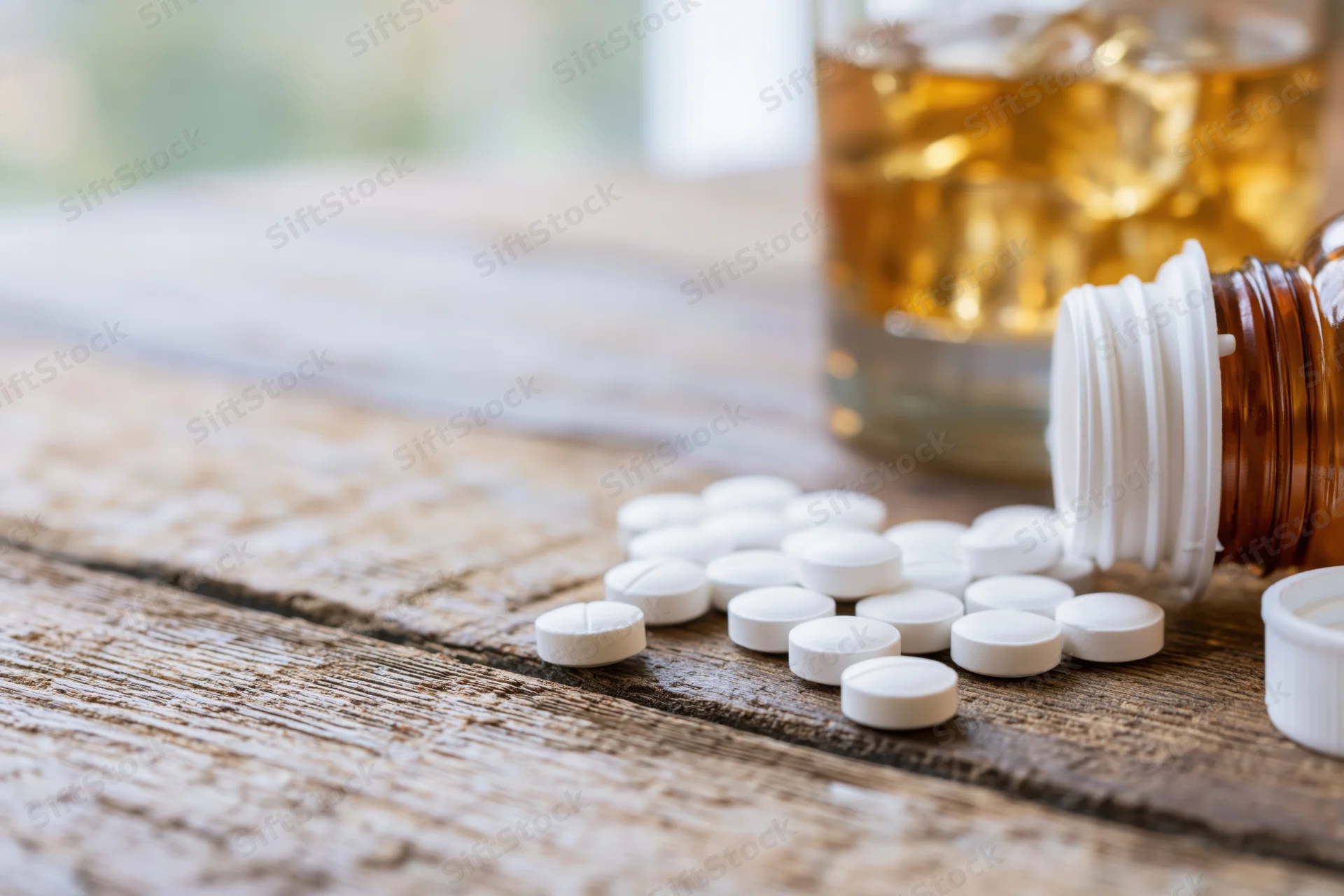 White pills spilled from a bottle on a wooden table beside a glass of whiskey