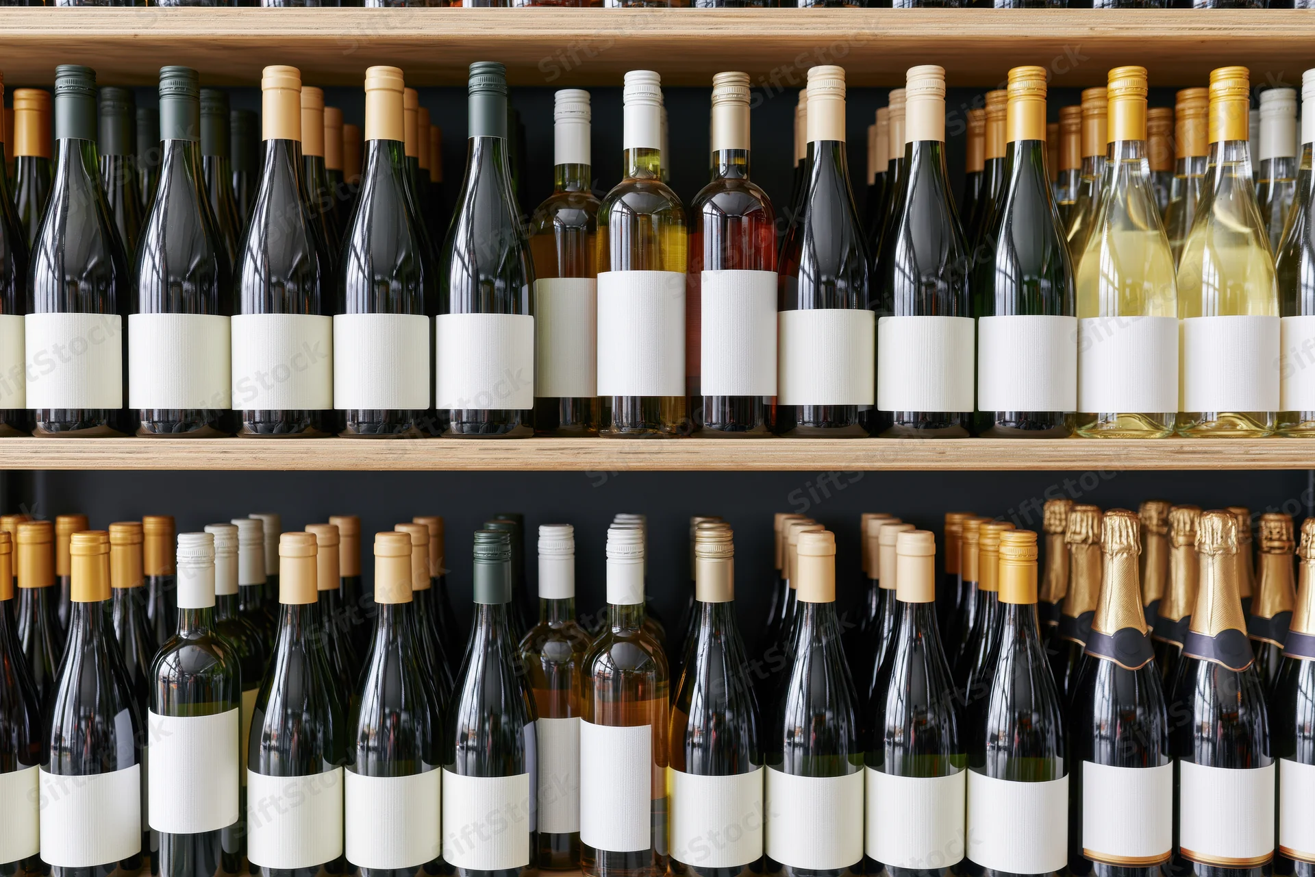 Rows of wine bottles with blank labels arranged on wooden shelves in a store
