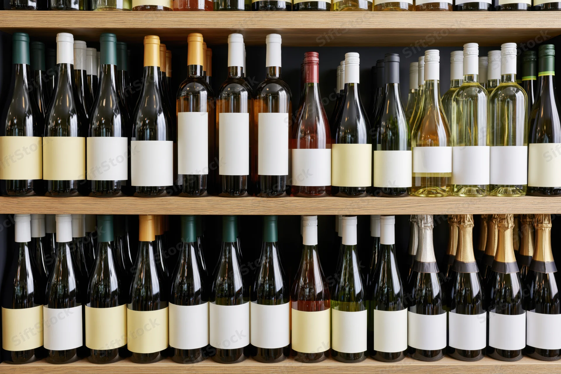 Rows of wine bottles with blank labels arranged on wooden shelves in a store display