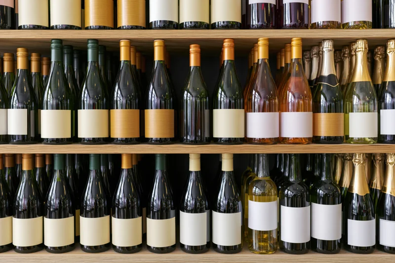 Rows of wine bottles with blank labels arranged on wooden shelves in a store display