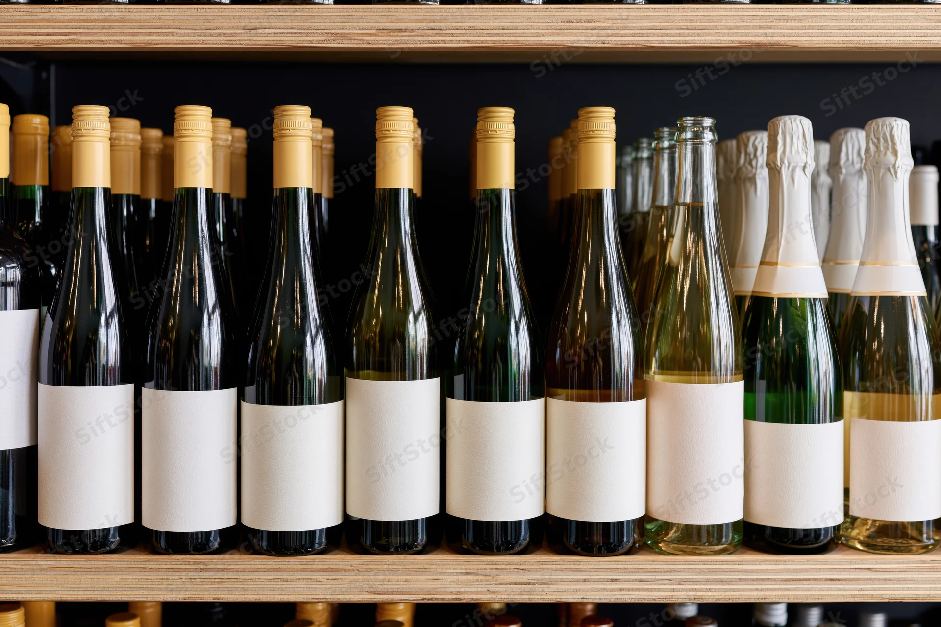Rows of wine bottles with blank labels on wooden shelf in store display