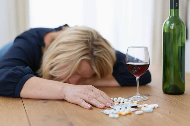 Woman with blonde hair slumped forward resting head on wooden table near scattered pills and glass of red wine