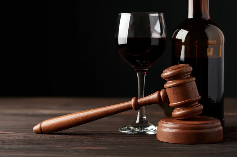 Wooden gavel resting on sound block beside a wine glass and bottle on dark wooden table