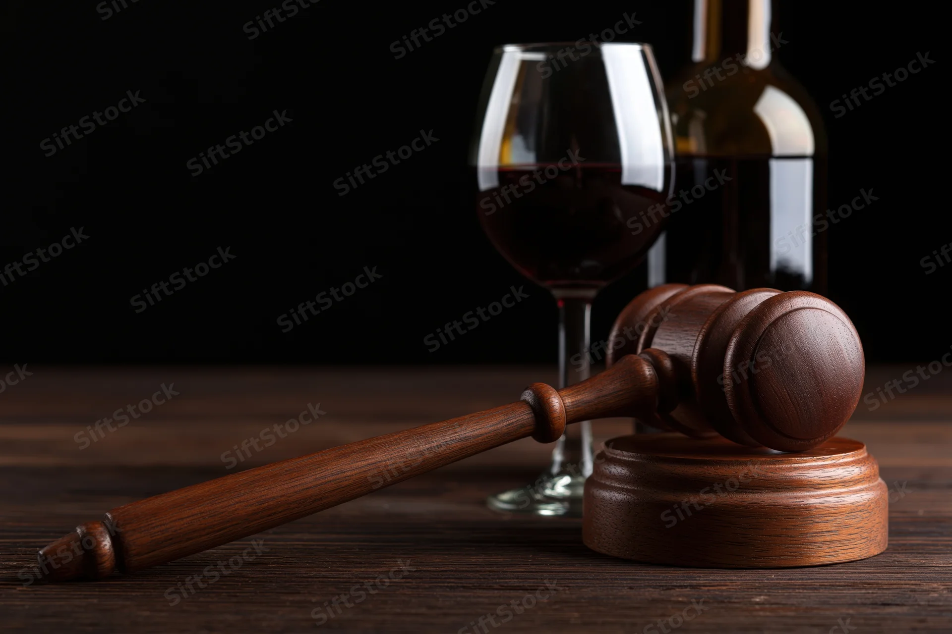 Wooden gavel resting on sound block beside a glass of red wine on dark table