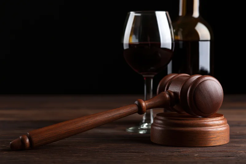 Wooden gavel resting on sound block beside a glass of red wine on dark table