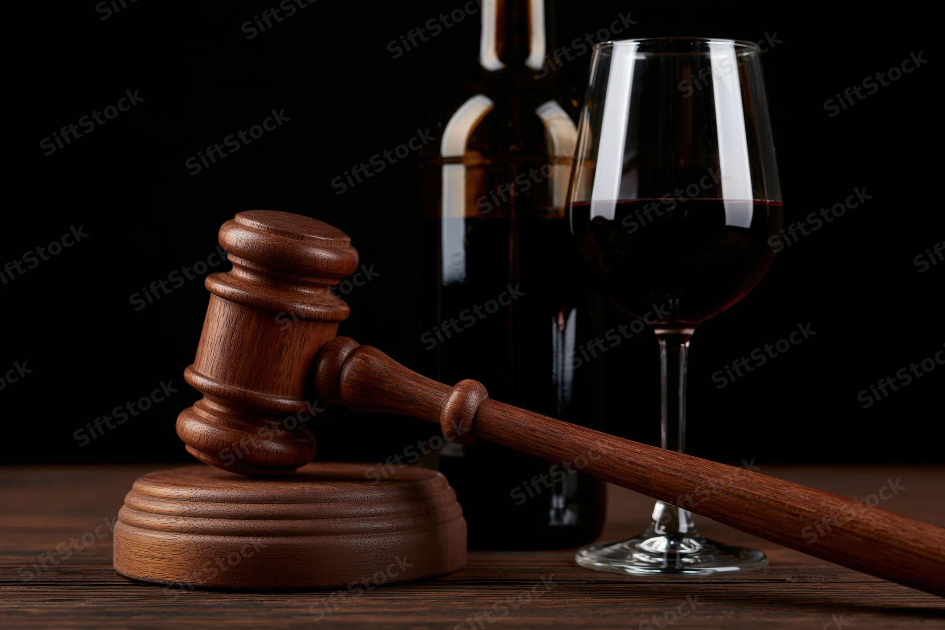 Wooden judge's gavel on sound block beside wine glass and bottle on dark wood table