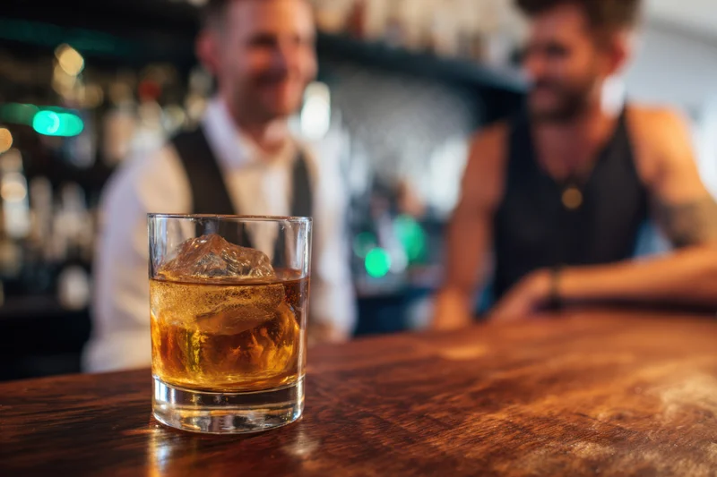 Whiskey glass with ice on wooden bar counter, two smiling men in background at bar
