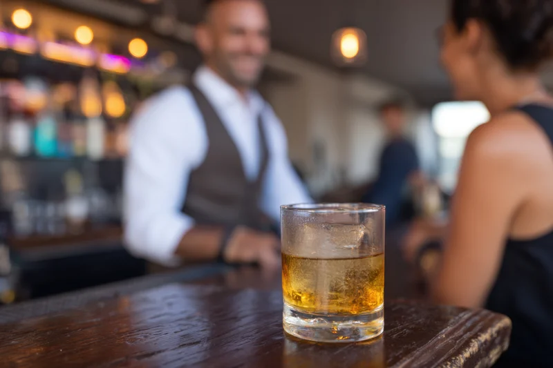 Whiskey glass with ice on wooden bar counter, bartender and woman in background conversing