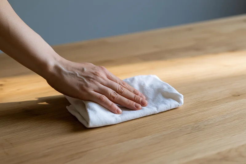 Hand wiping a wooden table with a white cloth in a home interior