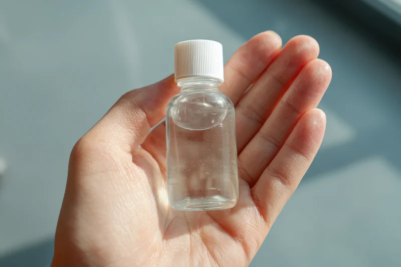 Hand holding small transparent bottle of sanitizer with white cap