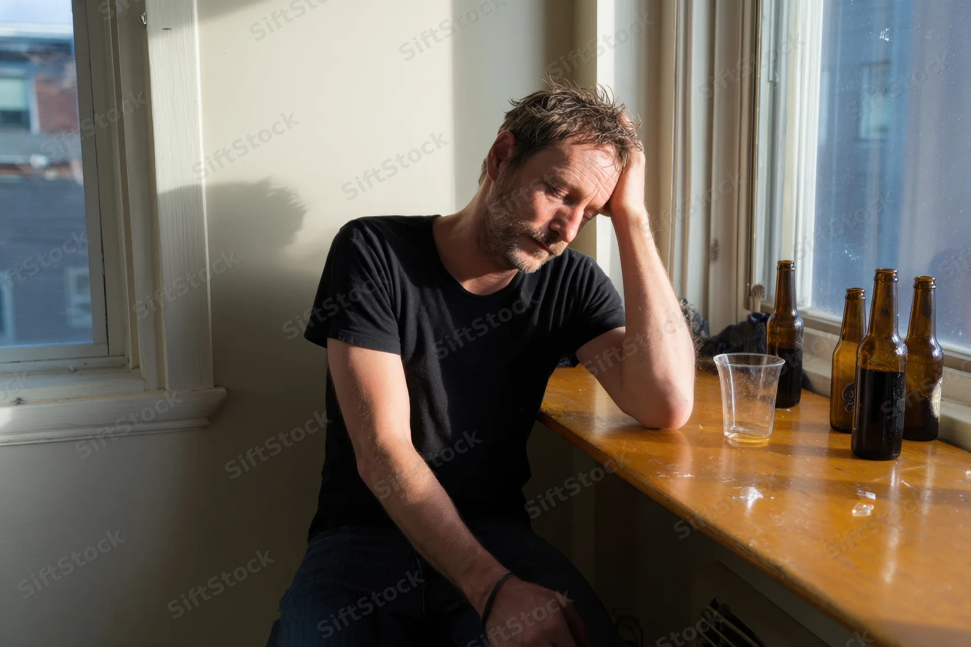 Man resting his head on his hand at a wooden table by a window with empty beer bottles and a glass nearby