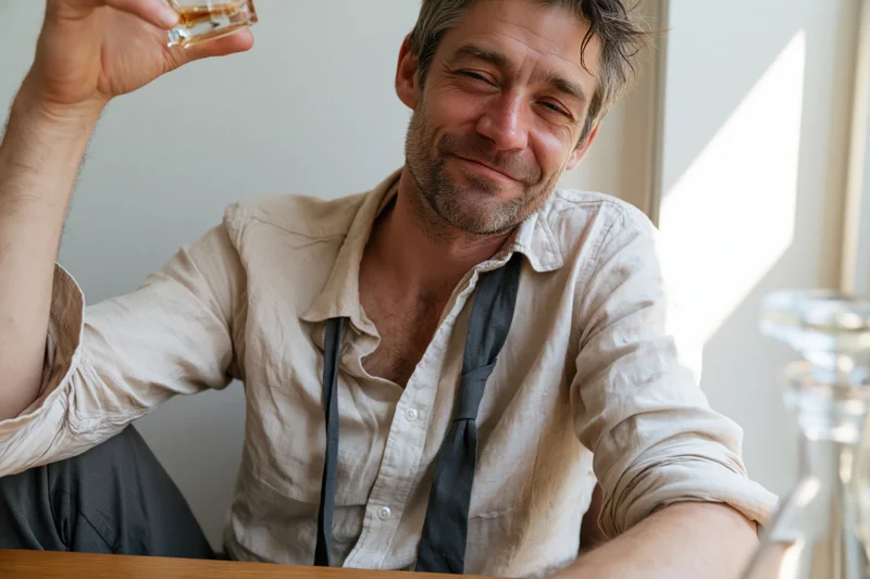 Man raising a glass of whiskey in a toast while smiling at a wooden table indoors
