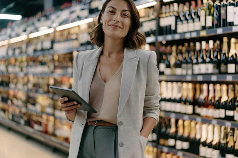 Woman holding tablet while standing in liquor store aisle smiling
