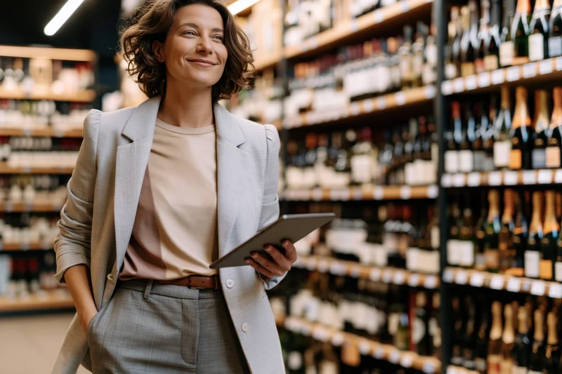 Woman smiling while holding tablet in liquor store aisle