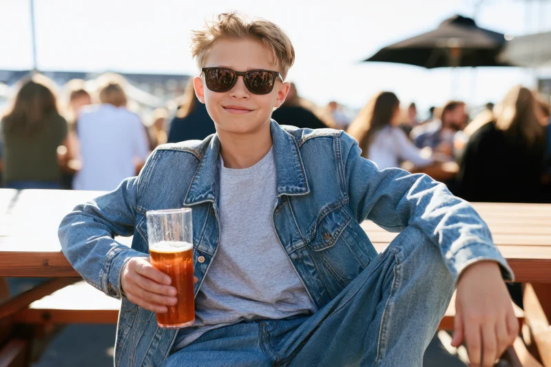 Young boy in denim jacket and sunglasses holding a beer glass while seated at a wooden table in an outdoor cafe