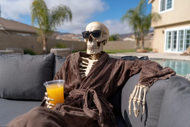 Skeleton wearing sunglasses and holding orange juice while reclining on a couch in a backyard with a pool and palm trees