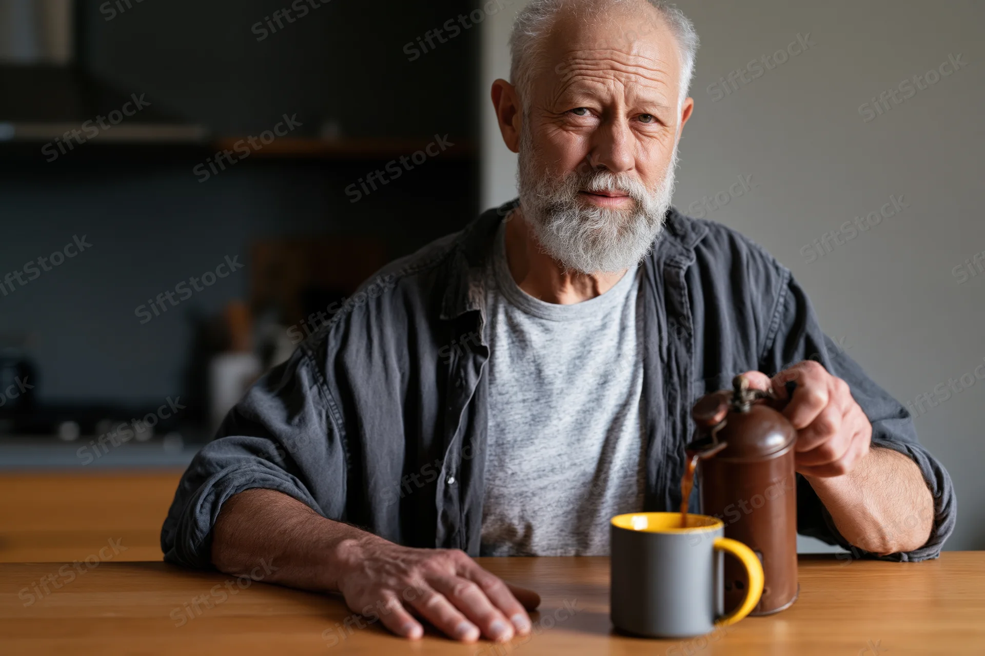Senior man pouring coffee into a mug at a wooden kitchen table