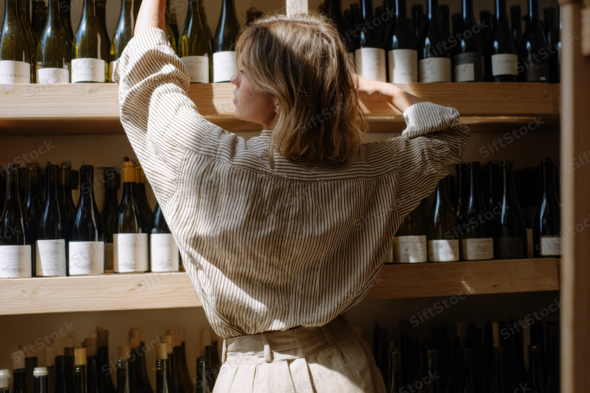 Woman reaching for a bottle on a wooden shelf in a wine shop