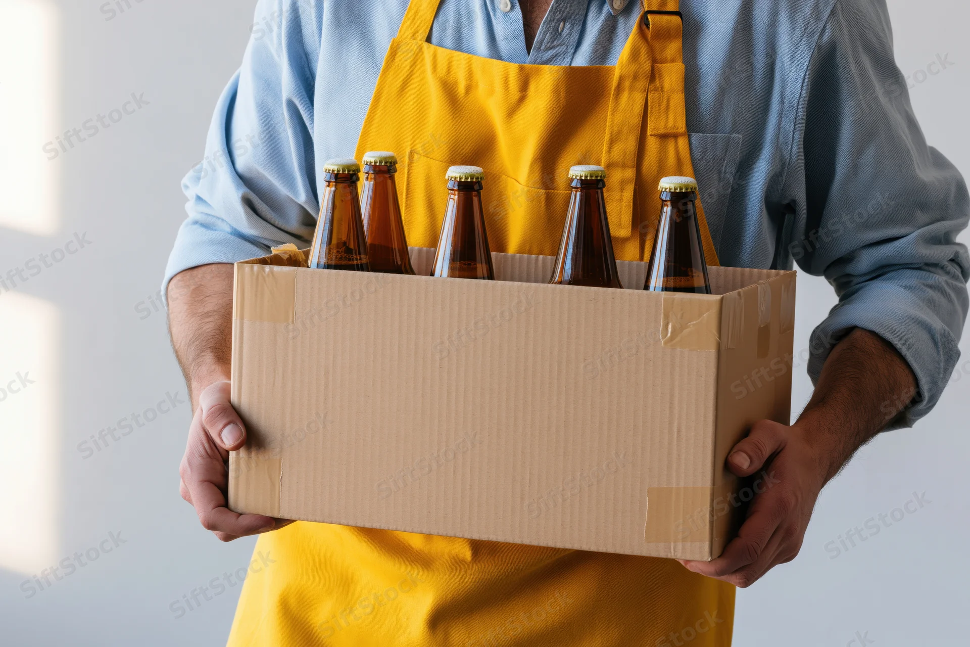 Man in yellow apron holding cardboard box of beer bottles indoors