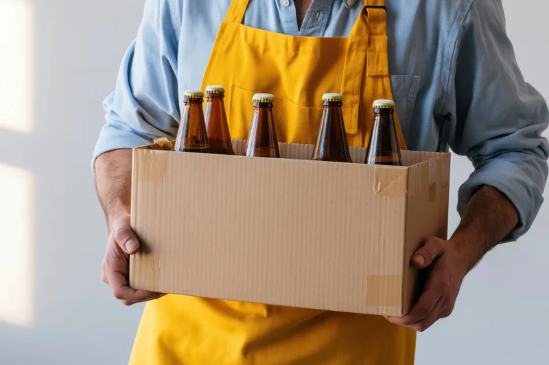 Man in yellow apron holding cardboard box of beer bottles indoors