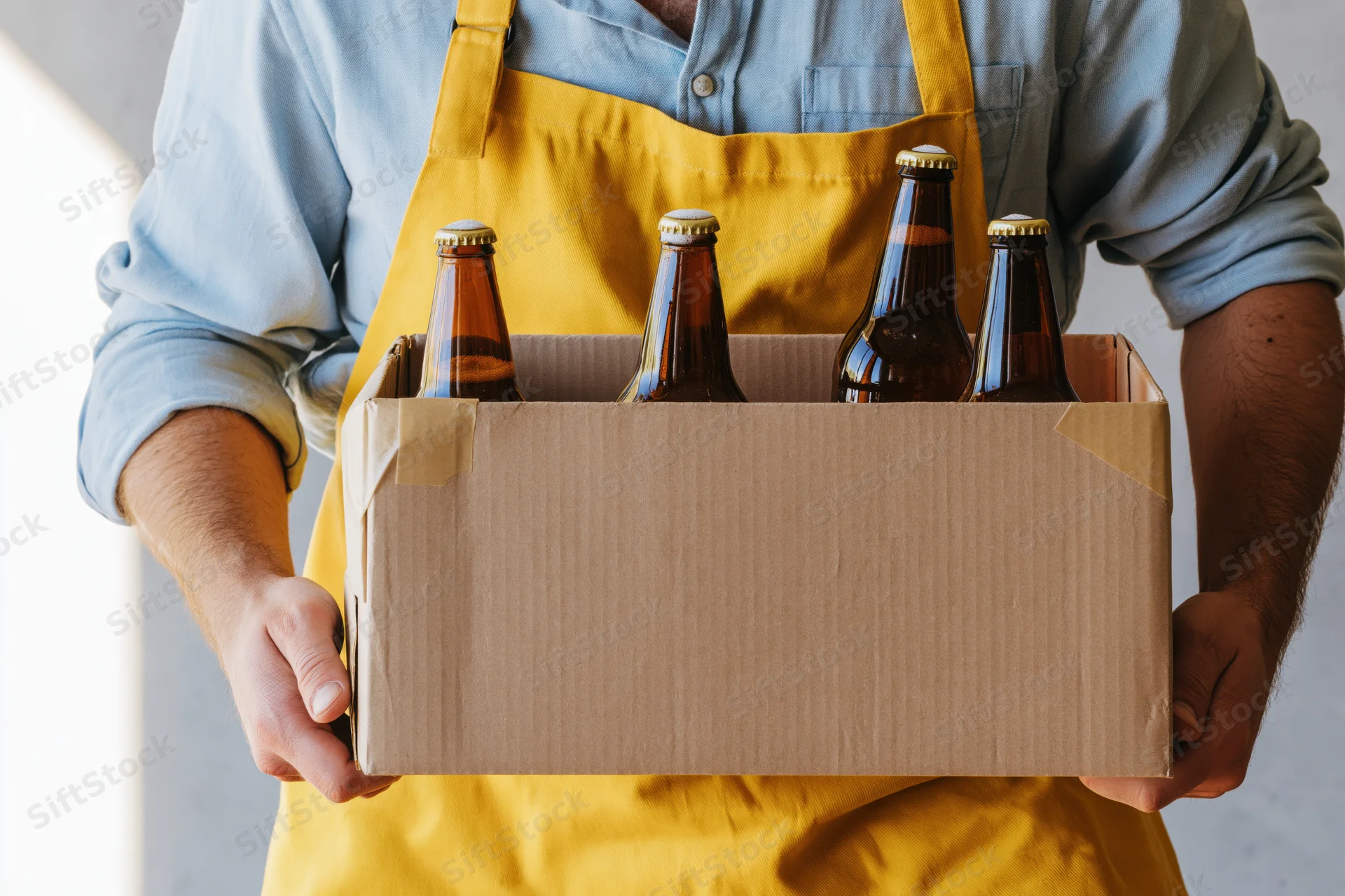 Man in yellow apron holding cardboard box with brown beer bottles