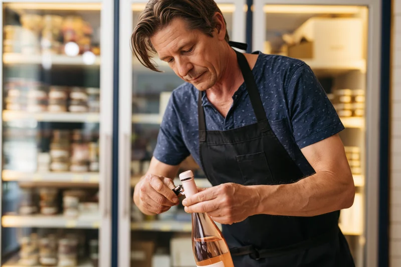 Man in apron opening a bottle of rosé wine in a well-lit shop with refrigerated display cases behind him