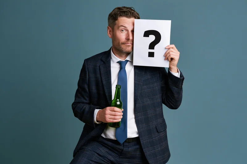Man in suit holding question mark sign and beer bottle in studio
