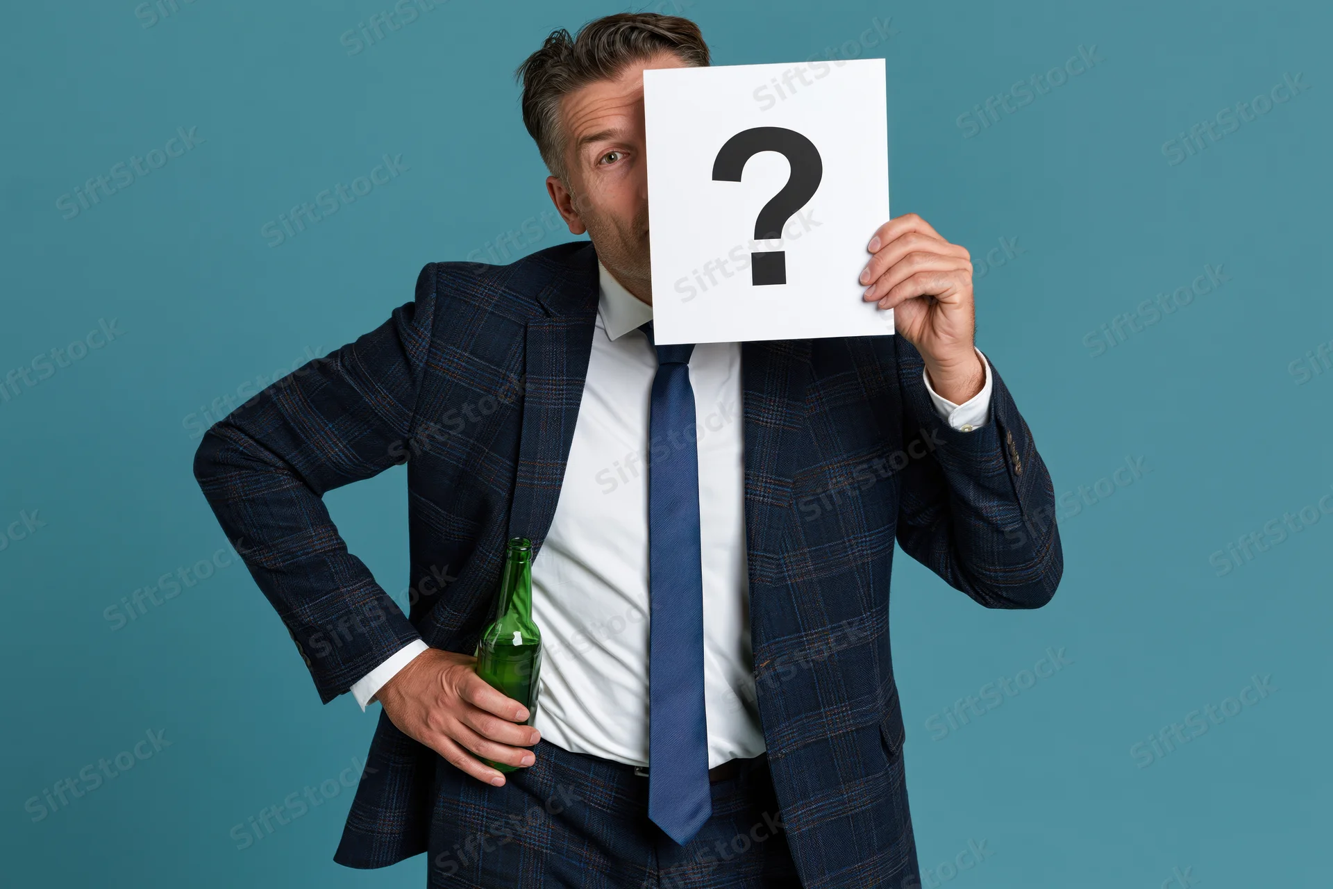 Man in suit holding question mark sign and green bottle in studio