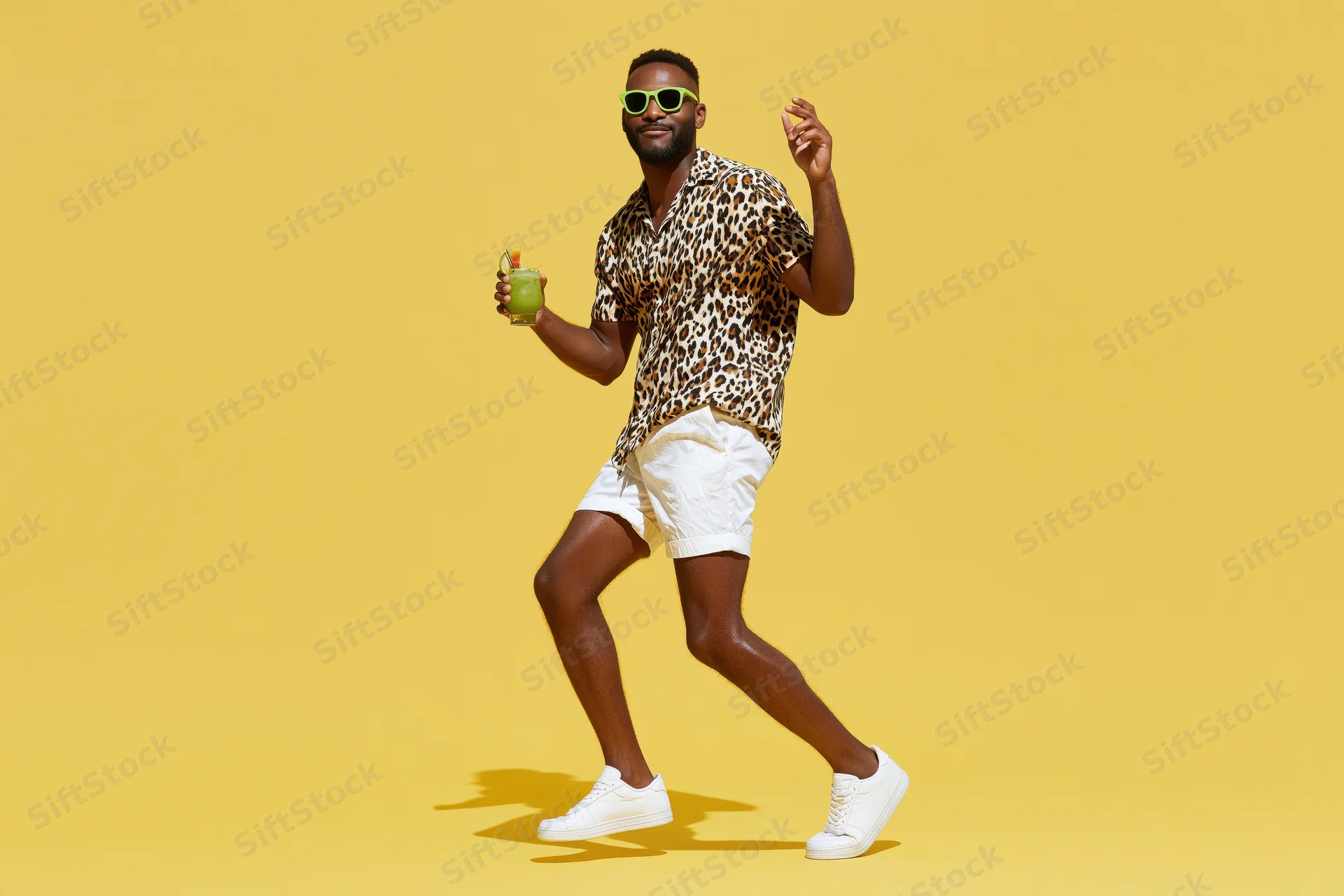 Man dancing mid-step holding a green cocktail in leopard-print shirt and white shorts against yellow background