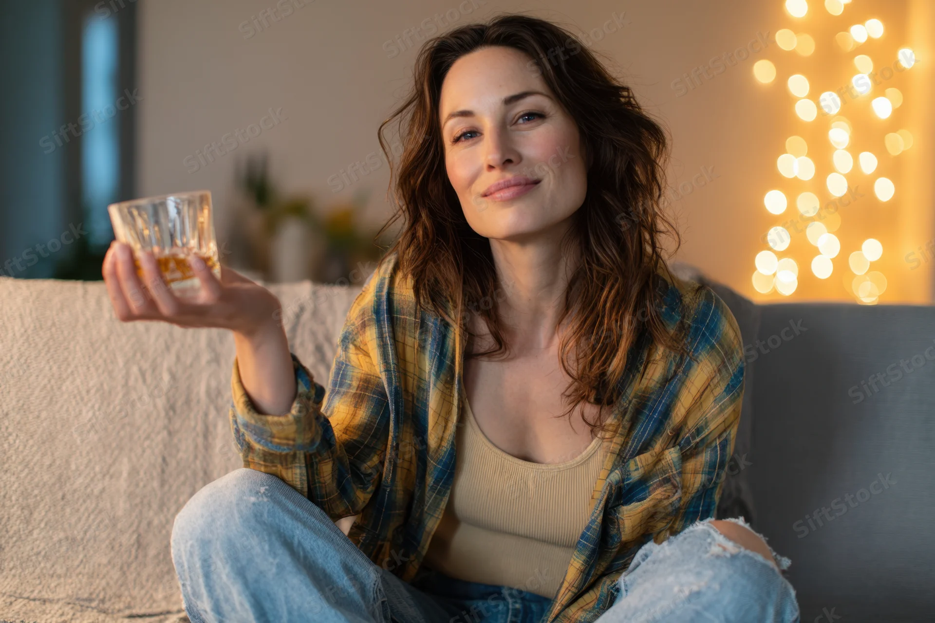 Woman smiling while holding a glass of whiskey on a couch in a warmly lit living room