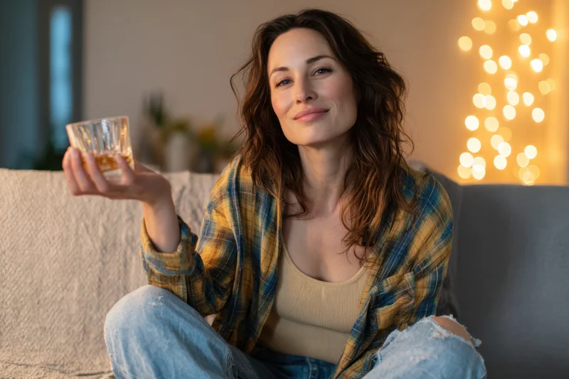 Woman smiling while holding a glass of whiskey on a couch in a warmly lit living room