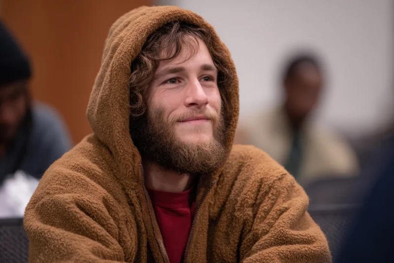 Bearded man in brown fleece hoodie smiling while seated in a group setting
