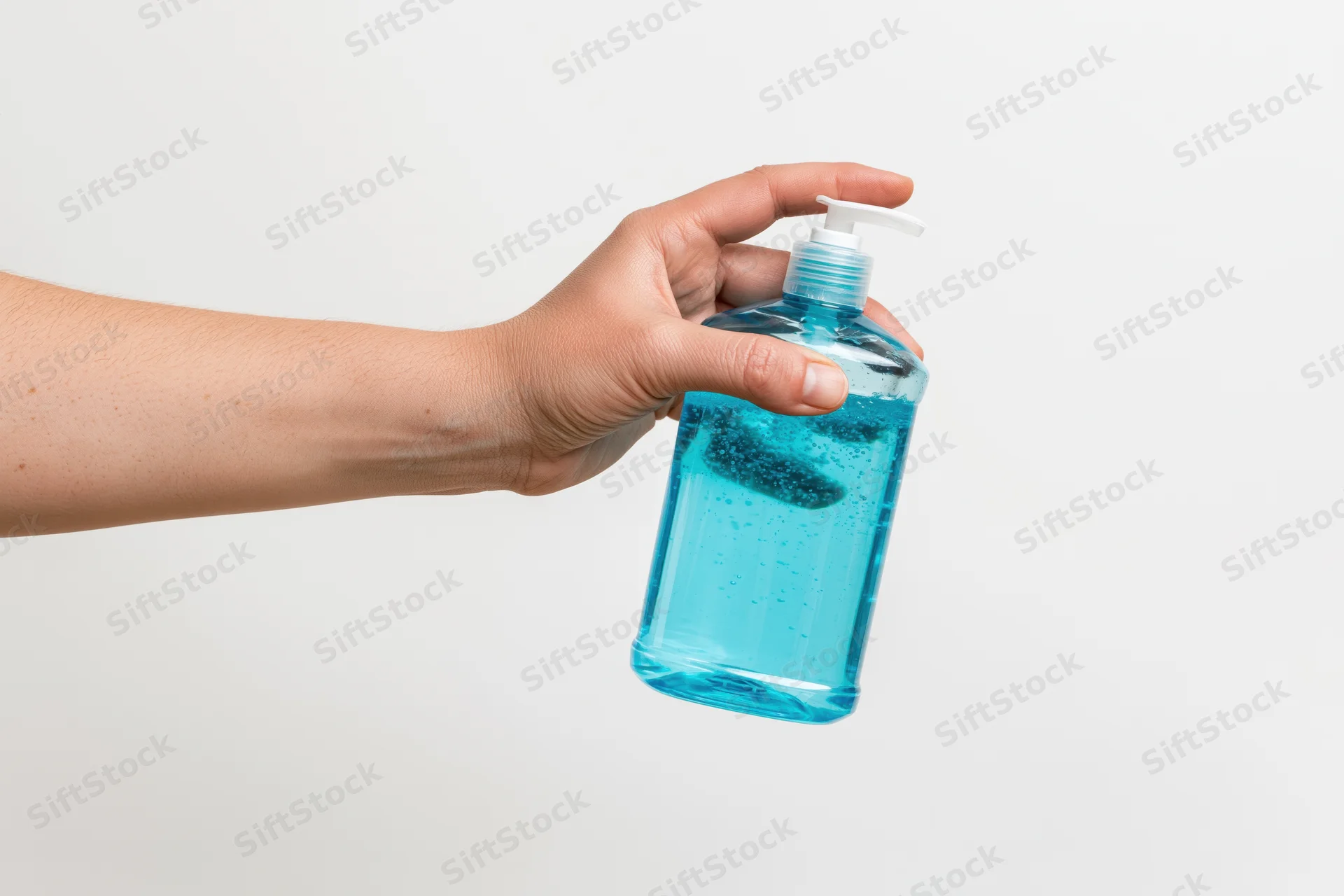 Hand holding a blue plastic bottle of hand sanitizer against a white background