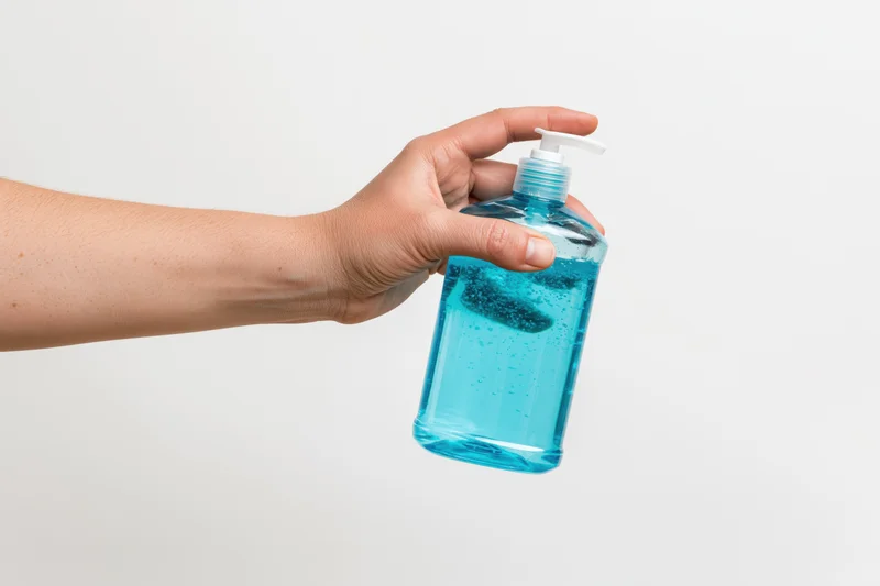 Hand holding a blue plastic bottle of hand sanitizer against a white background