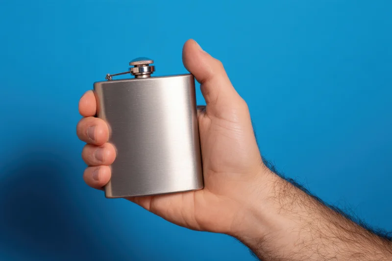 Hand holding a brushed metal flask against a blue background