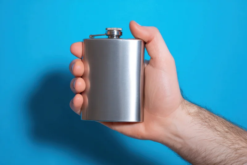 Hand gripping a brushed metal flask against a blue background