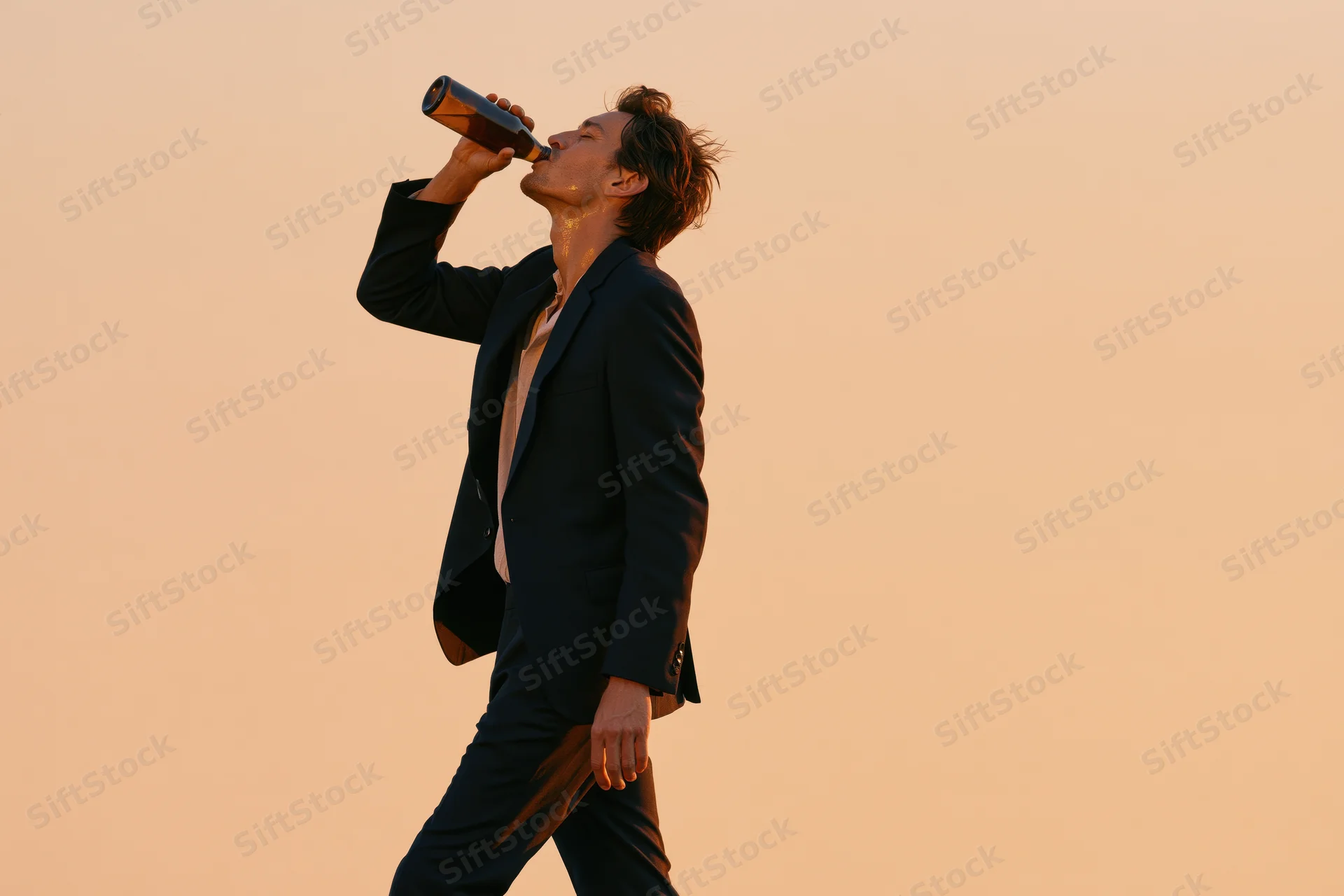 Man in dark suit drinking beer from bottle against orange sky at sunset
