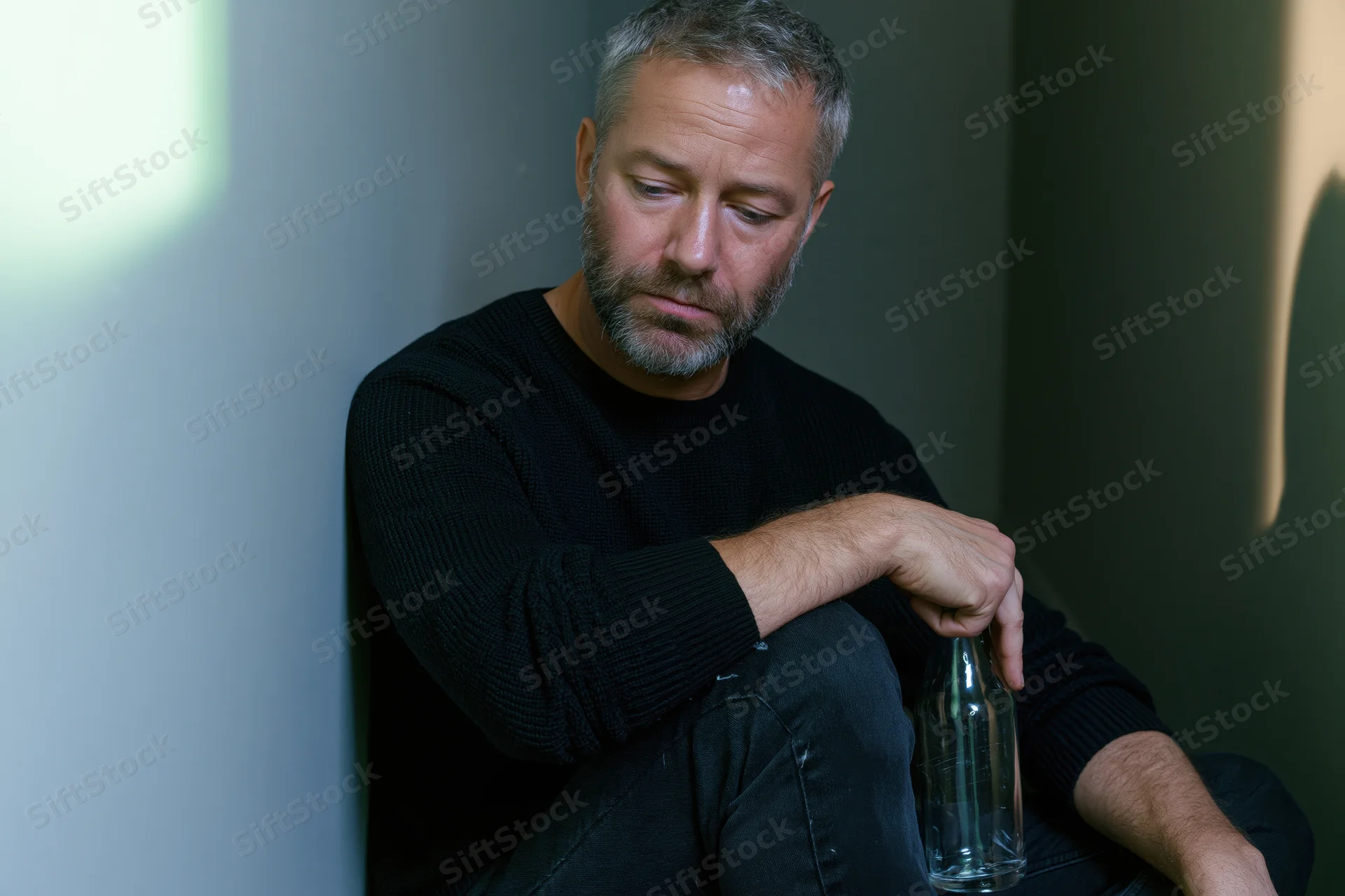 Man sitting in corner holding empty glass bottle, looking down in sadness
