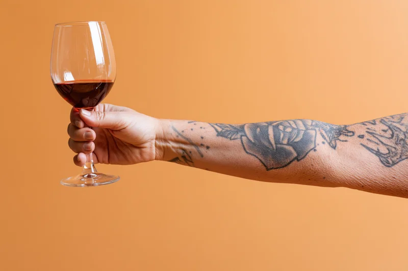 Tattooed arm holding a glass of red wine against orange background